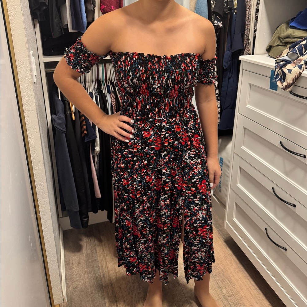 Lulu's Black and Red Floral Off-Shoulder midi dress